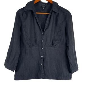 Talbots Black 100% Irish Linen Button Down 3/4 Sleeve Gathered Top Blouse 12P